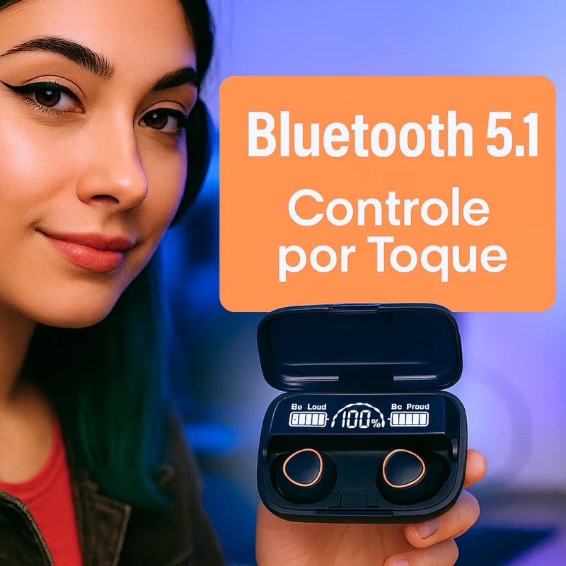 Fone de ouvido Bluetooth 5.1 com estojo LED digital, à prova d'água, potente, bateria de longa duração, controle por toque